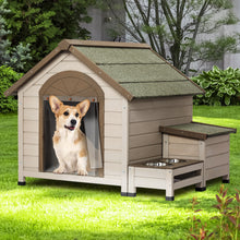 Load image into Gallery viewer, Outdoor fir wood dog house with an open roof ideal for small to medium dogs. With storage box, elevated feeding station with 2 bowls. Weatherproof asphalt roof and treated wood.