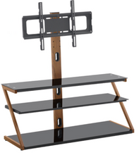 Load image into Gallery viewer, Tempered Glass Height Adjustable Universal Swivel Glass Floor Media Storage Stand With Mount Heat-Transferred Printing Metal Tube, Walnut/Black