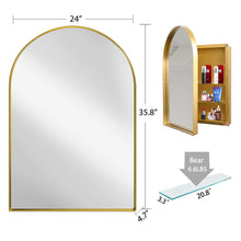 Load image into Gallery viewer, 24x36 Inch Arched Recessed Medicine Cabinet, Metal Framed Bathroom Wall Cabinet with Mirror and Adjustable Shelves, Wall Mirror with Storage for Bathroom, Matte Gold