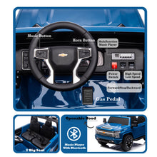 Load image into Gallery viewer, Blue, 24V 2 Seater Ride On Truck Car, Licensed Chevrolet Silverado HD Electric Car for Kids, 4WDmotors, with 2.4G Remote Control, Metal Suspension, Soft Start, FM/Bluetooth/Music, LED Light,Toys Gifts