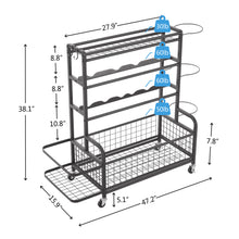 Load image into Gallery viewer, 4-Tier Metal Storage Organizer with Rolling Wheels for Basketball Sports Equipment Organizer for Yoga Mat Larger Ball Storage Rack with Baskets and Hooks, Indoor or Outdoor for Tennis Racket,Football