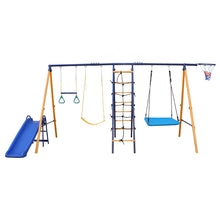 Load image into Gallery viewer, 500 lbs 7 in 1 Swing Set for Kids Backyard Outdoor A-Frame Heavy-Duty Metal Swing Sets with Slide, 2 Swing Seats, 1 Climbing Net & Ladder, 1 Gym Ring, 1 Basket