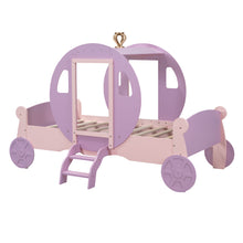 Load image into Gallery viewer, Twin size Princess Carriage Bed with Crown,Wood Platform Car Bed with Stair,Purple+Pink