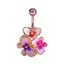 Load image into Gallery viewer, Fashion Gold Enamel Crystal Belly Navel Button Ring Bar Butterfly Medical Steel Surgical Body Piercing Jewelry