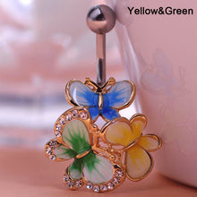 Load image into Gallery viewer, Fashion Gold Enamel Crystal Belly Navel Button Ring Bar Butterfly Medical Steel Surgical Body Piercing Jewelry