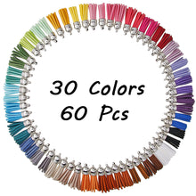 Load image into Gallery viewer, 60 Pieces 30 Colors 40 mm Leather Tassel Pendants Faux Suede Tassel with Caps for Key Chain Straps DIY Accessories