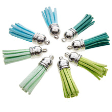 Load image into Gallery viewer, 60 Pieces 30 Colors 40 mm Leather Tassel Pendants Faux Suede Tassel with Caps for Key Chain Straps DIY Accessories