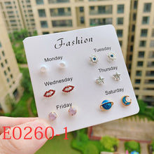 Load image into Gallery viewer, 6 Pairs Delicate Fashion Korean Rhinestone Earrings Set One Week Earring Gift Brincos