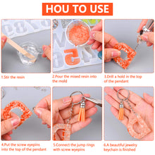 Load image into Gallery viewer, 255 PCS Alphabet Letter Number Resin Molds Set with Hand Drill, 2 Silicone Resin Molds, 40 Key Rings, 12 Resin Glitters, 100 Screw Eye Pins, 100 Opening Rings, Reversed Epoxy Resin Casting Molds Backward Keychain Resin Molds