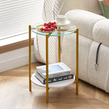 Load image into Gallery viewer, 2-layer End Table with Tempered Glass and Marble Tabletop, Round Coffee Table with Golden Metal Frame for Bedroom Living Room Office (1 piece)