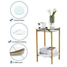 Load image into Gallery viewer, 2-layer End Table with Tempered Glass and Marble Tabletop, Round Coffee Table with Golden Metal Frame for Bedroom Living Room Office (1 piece)