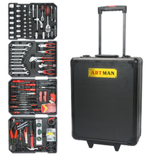 Load image into Gallery viewer, Black Hand Tool Box with 4 Layers of Toolset and Wheels