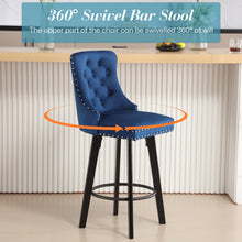 Load image into Gallery viewer, YS Modern Swivel Bar Stools Velvet Barstools Button Tufted Bar Stools Rivet Trim Bar Stools for Kitchen Island,Bistro, with Metal Pull Ring Sturdy Footrest Large Backrest for Home Bar,Blue