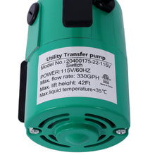 Load image into Gallery viewer, Water Transfer Pump, 115V 330 Gallon Per Hour - Portable Electric Utility Pump with ON/OFF Switch and 6' Water Hose Kit - Remove Water From Garden, Hot Tub, Pool, Aquariums, and More
