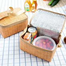 Load image into Gallery viewer, Portable Imitation Rattan Printed Thickened Picnic Bag Waterproof Bento Bag Outdoor Food Insulation Camping Bento Bag Portable Lunch Box Bag