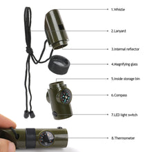 Load image into Gallery viewer, Outdoor 7 In 1 Multifunctional Emergency Survival Whistle With Compass Led Light Thermometer Magnifier Reflector Outdoor Hiking Accessories