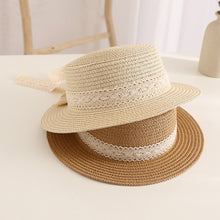 Load image into Gallery viewer, Parent Child Summer Sun Hat Bucket Cap Simple Beige Lace Bowknot Ribbon Flat top Straw Hat Beach Outing Caps