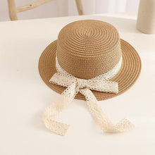 Load image into Gallery viewer, Parent Child Summer Sun Hat Bucket Cap Simple Beige Lace Bowknot Ribbon Flat top Straw Hat Beach Outing Caps