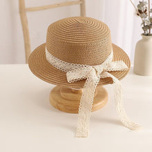 Load image into Gallery viewer, Parent Child Summer Sun Hat Bucket Cap Simple Beige Lace Bowknot Ribbon Flat top Straw Hat Beach Outing Caps