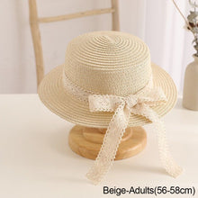 Load image into Gallery viewer, Parent Child Summer Sun Hat Bucket Cap Simple Beige Lace Bowknot Ribbon Flat top Straw Hat Beach Outing Caps