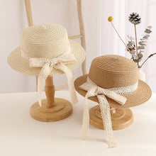 Load image into Gallery viewer, Parent Child Summer Sun Hat Bucket Cap Simple Beige Lace Bowknot Ribbon Flat top Straw Hat Beach Outing Caps