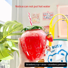 Load image into Gallery viewer, 500ml Summer Kawaii Strawberry Water Bottle Cute Strawberry Straw PP Water Bottle with Pendant Milk Coffee Straw Cup Juice Drinkware