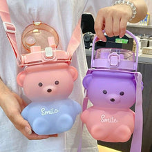 Load image into Gallery viewer, 800ml Cute Kawaii Bear Water Bottle for Girl Plastic Gradient Korean Large Outdoor Sports School Drinking Bottle With Strap Straw