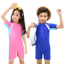Load image into Gallery viewer, Children One-piece Short Sleeved Swimsuit Comfortable Breathable Sunscreen Swimsuit Swimming Water Sports Clothing