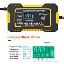 Load image into Gallery viewer, 12V 6A Car Motorcycle Battery Charger Intelligent Fast Charging Pulse Repair Type LCD Lead Acid AGM Gel VRLA Smart Charging