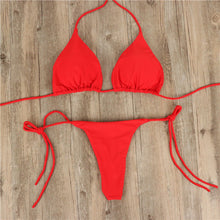 Load image into Gallery viewer, Solid Color Hanging Neck Style Lace-Up Bikini Women's Sexy Split Adjustable Binding Triangle Beach Swimsuit No Steel Bracket No Chest Pad