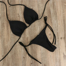 Load image into Gallery viewer, Solid Color Hanging Neck Style Lace-Up Bikini Women's Sexy Split Adjustable Binding Triangle Beach Swimsuit No Steel Bracket No Chest Pad