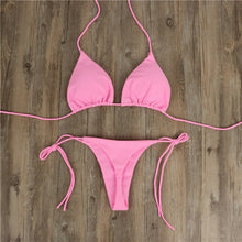 Load image into Gallery viewer, Solid Color Hanging Neck Style Lace-Up Bikini Women's Sexy Split Adjustable Binding Triangle Beach Swimsuit No Steel Bracket No Chest Pad