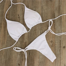 Load image into Gallery viewer, Solid Color Hanging Neck Style Lace-Up Bikini Women's Sexy Split Adjustable Binding Triangle Beach Swimsuit No Steel Bracket No Chest Pad