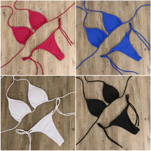 Load image into Gallery viewer, Solid Color Hanging Neck Style Lace-Up Bikini Women's Sexy Split Adjustable Binding Triangle Beach Swimsuit No Steel Bracket No Chest Pad
