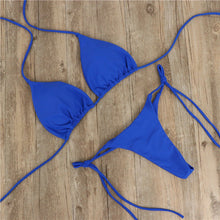 Load image into Gallery viewer, Solid Color Hanging Neck Style Lace-Up Bikini Women's Sexy Split Adjustable Binding Triangle Beach Swimsuit No Steel Bracket No Chest Pad
