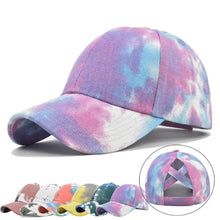 Load image into Gallery viewer, Fashion Men And Women Tie-Dye Sun Hat Adjustable Back Opening Cross Style Baseball Cap Summer Ponytail Hip Hop Mesh Cap