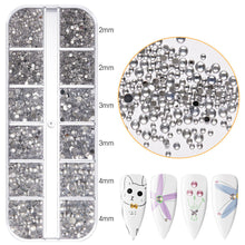 Load image into Gallery viewer, 12 Grids/set Nail Acrylic Rhinestones Transparent Flat Bottomed Acrylic Diamonds Multi Sizes Mixed Manicure Decoration Ornaments