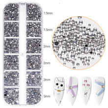 Load image into Gallery viewer, 12 Grids/set Nail Acrylic Rhinestones Transparent Flat Bottomed Acrylic Diamonds Multi Sizes Mixed Manicure Decoration Ornaments