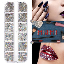 Load image into Gallery viewer, 12 Grids/set Nail Acrylic Rhinestones Transparent Flat Bottomed Acrylic Diamonds Multi Sizes Mixed Manicure Decoration Ornaments