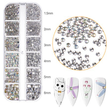 Load image into Gallery viewer, 12 Grids/set Nail Acrylic Rhinestones Transparent Flat Bottomed Acrylic Diamonds Multi Sizes Mixed Manicure Decoration Ornaments