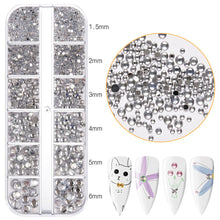 Load image into Gallery viewer, 12 Grids/set Nail Acrylic Rhinestones Transparent Flat Bottomed Acrylic Diamonds Multi Sizes Mixed Manicure Decoration Ornaments