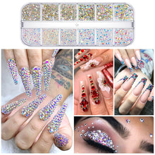 Load image into Gallery viewer, 12 Grids/set Nail Rhinestones Transparent Flat Bottomed Crystal Glass Diamonds Multi Sizes Mixed Manicure Art Decoration Diamonds