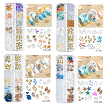 Load image into Gallery viewer, 12 Grids/set Ocean Series Nail Ornaments Shell Slices Starfish Pearl Metal Rivets Multiple Styles Manicure Art Decoration
