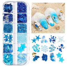 Load image into Gallery viewer, 12 Grids/set Ocean Series Nail Art Ornaments Shell Slices Starfish Pearl Metal Rivets Multiple Styles Manicure Decoration