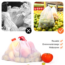 Load image into Gallery viewer, 12pcs 3Sizes Reusable Mesh Drawstring Bag Eco-Friendly Washable Bags Grocery Shopping Storage Fruit Vegetable Toys Sundries Bag