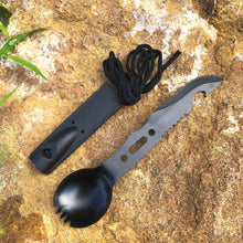 Load image into Gallery viewer, 7 In 1 Multifunctional Survival Whistling Knife Camping Picnic Stainless Steel Portable Spork Cutlery Outdoor Survival Tool