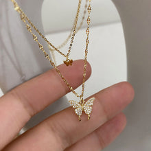 Load image into Gallery viewer, Double Layer Butterfly Pendant Necklace Clavicle Chain Sparkling Diamond Double Layer Alloy Necklace Women Jewelry Gift