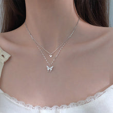 Load image into Gallery viewer, Double Layer Butterfly Pendant Necklace Clavicle Chain Sparkling Diamond Double Layer Alloy Necklace Women Jewelry Gift