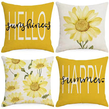 Load image into Gallery viewer, 18 X 18 Inch Happy Summer Flower Letters Throw Pillow Covers Cotton Linen Cushion Cover Pillowcase for Sofa Couch Home Set of 4