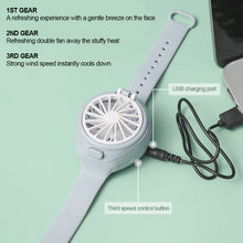 Load image into Gallery viewer, USB Rechargeable Portable Children's Wrist Watch Fan Folding Handheld Wristband Electric Fan with LED Light Summer Cooling Fan for Kids Gifts